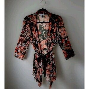 Susan Graver Floral Kimono/Beach Cover-Up L/XL Vibrant Boho Resort Vacation Chic
